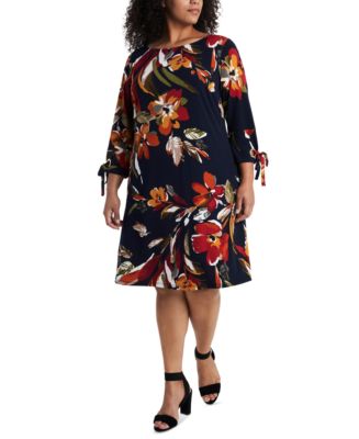 MSK Plus Size Floral-Print Tie-Sleeve Dress - Macy's