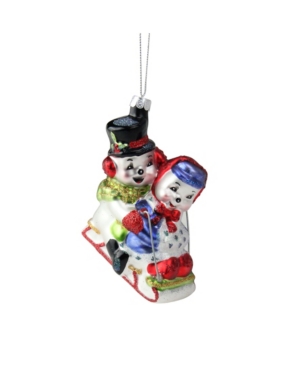 Northlight Cheerful Sledding Snowmen Couple Glass Christmas Ornament In White