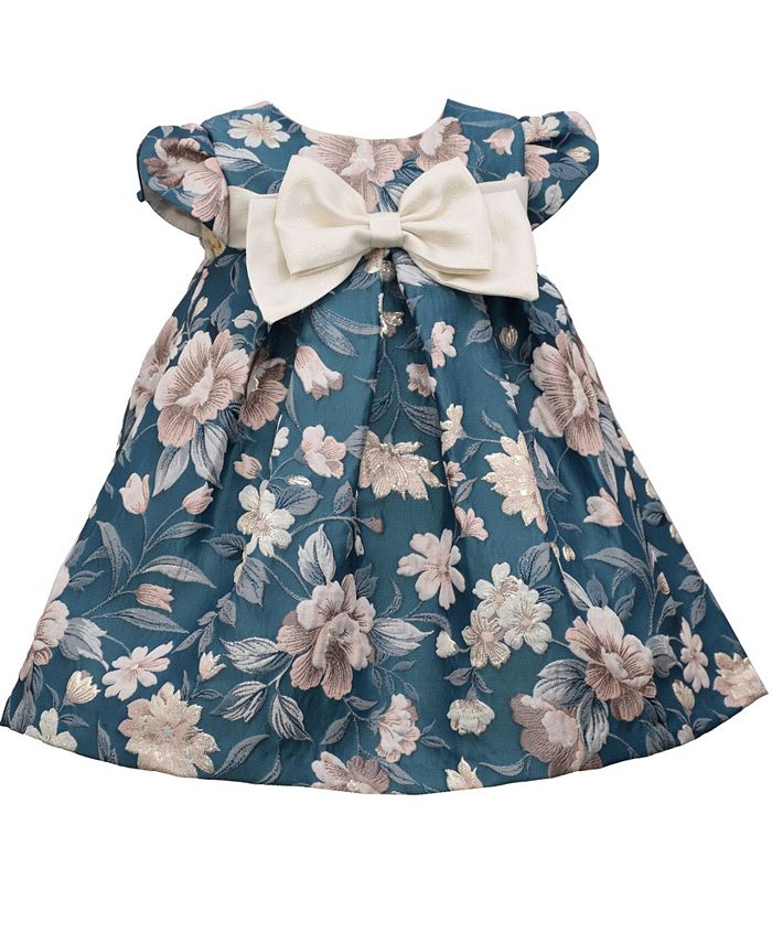 Bonnie Baby Baby Girls Teal Floral Jaquard Bow Front Trapeze - Macy's