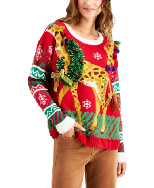image of Hooked Up by Iot Juniors- Giraffe Holiday Sweater