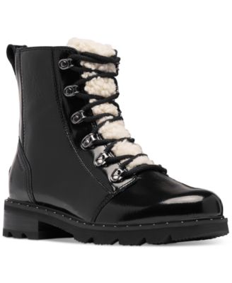womens black patent leather combat boots