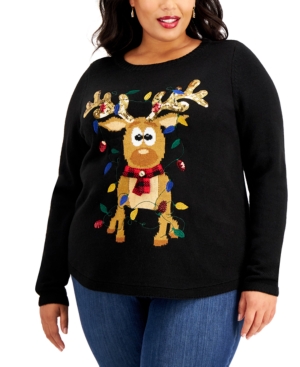 Karen Scott Plus Size Sequin-embellished Reindeer Sweater, Created For Macy's In Deep Black Combo