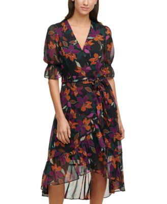 calvin klein printed faux wrap dress