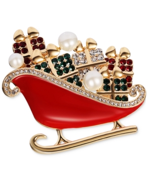 image of Charter Club Gold-Tone Crystal & Imitation Pearl Sleigh Pin, Created for Macy-s