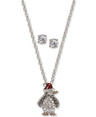 Charter Club - Silver-Tone Crystal Penguin Pendant Necklace & Stud Earrings Set
