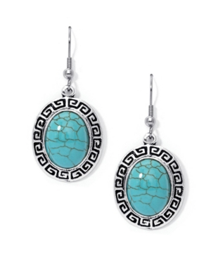 image of Macy-s Simulated Turquoise in Fine Silver Plated Oval Greek Key Design Wire Earrings