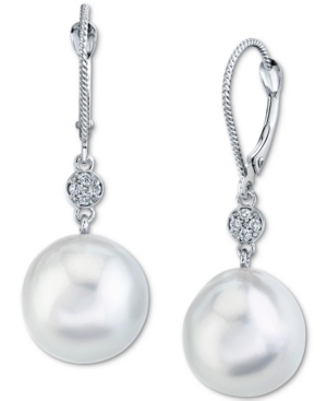 image of Cultured White South Sea Pearl (12mm) & Diamond (1/10 ct. t.w.) Drop Earrings in 14k White Gold
