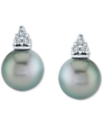 Cultured Tahitian Pearl (9mm) & Diamond (1/8 ct. t.w.) Stud Earrings in 14k White Gold