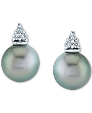 Macy's - Cultured Tahitian Pearl (9mm) & Diamond (1/8 ct. t.w.) Stud Earrings in 14k White Gold