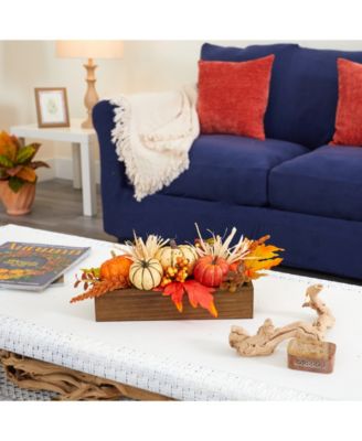 Harvest Pumpkin and Berries Artificial Arrangement in Wood Vase