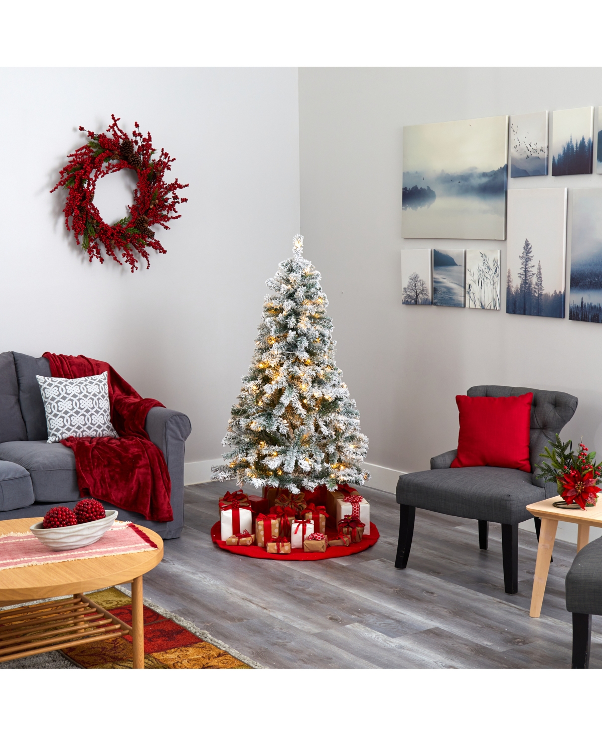 Nearly Natural Flocked Rock Springs Spruce Artificial Christmas Tree with 150 Clear Led Lights