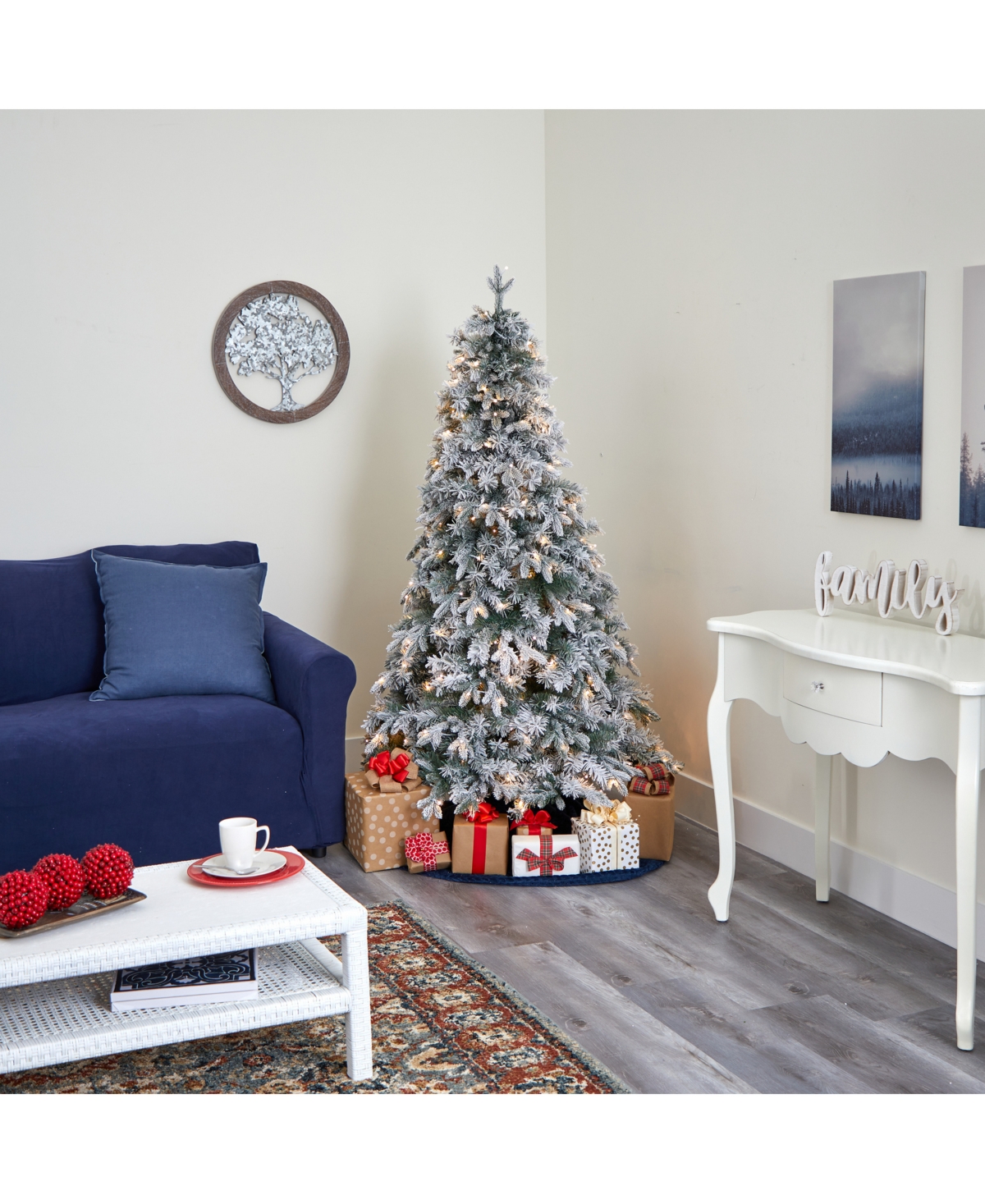 Nearly Natural Flocked Vermont Mixed Pine Artificial Christmas Tree with 150 Clear Led Lights