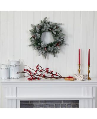 Flocked Mixed Pine Artificial Christmas Wreath with 50 LED Lights, Pine Cones and Berries