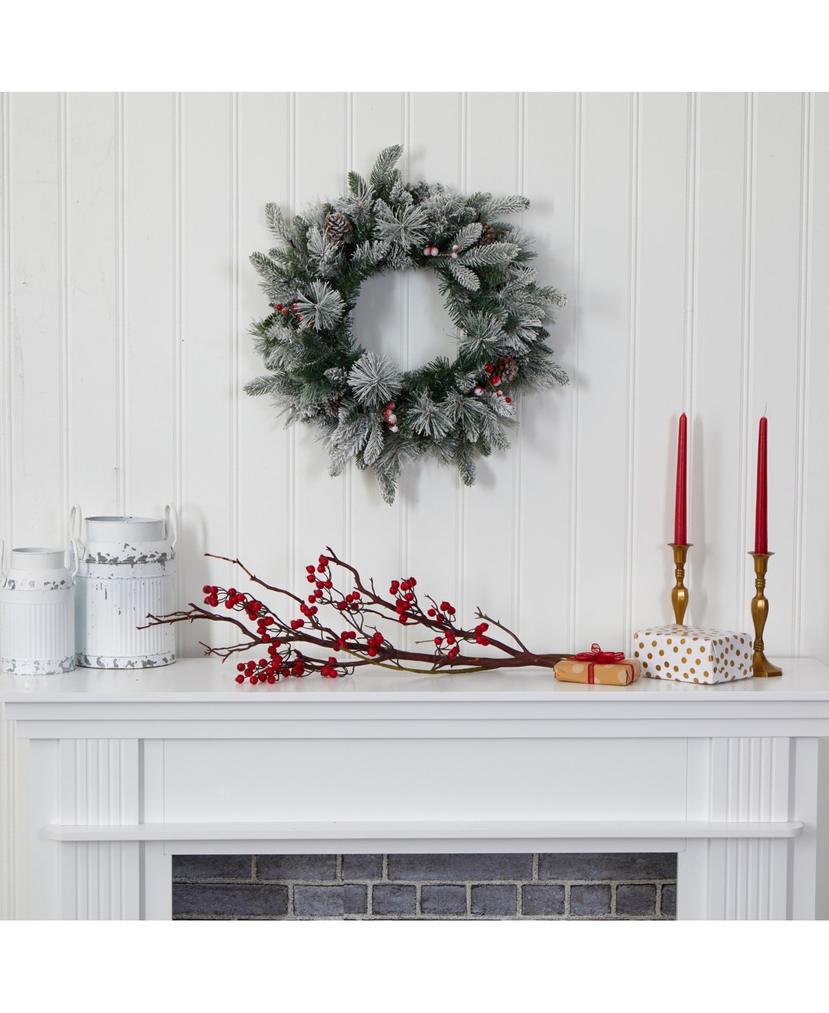 Nearly Natural Flocked Mixed Pine Artificial Christmas Wreath with 50 Led Lights, Pine Cones and Berries