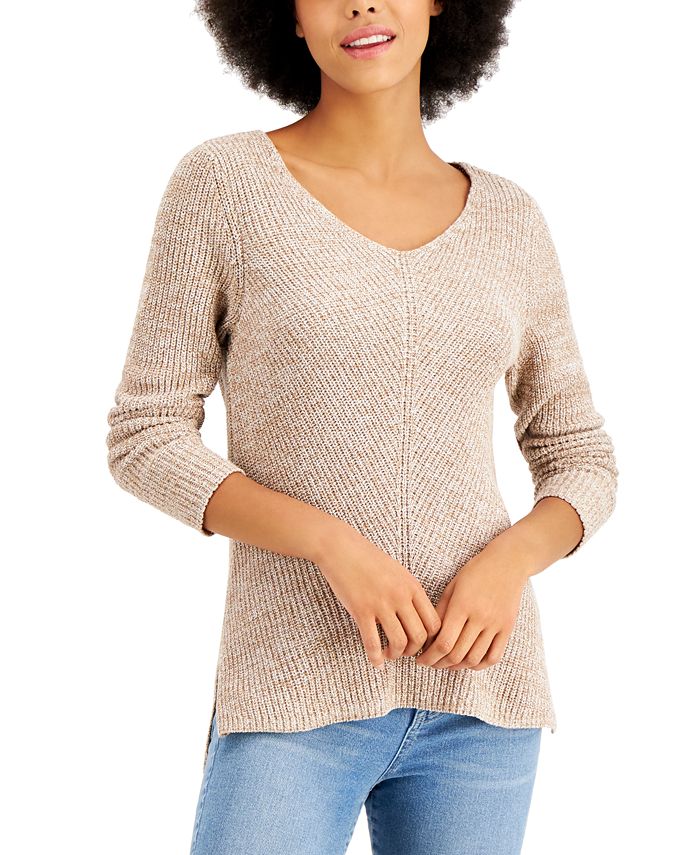 Style & Co Cotton Rib-Knit V-Neck Sweater, Created for Macy's - Macy's