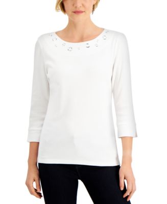 Karen Scott Cotton Grommet-Detail Top Aqua Size S