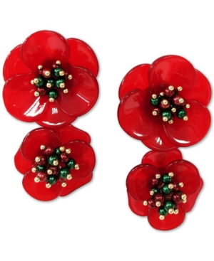 image of Inc Gold-Tone Red & Green Imitation Pearl Flower Drop Earrings, Created for Macy-s