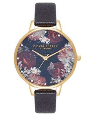 Olivia Burton - Women's Winter Blooms Black Leather Strap Watch 30mm