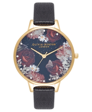 image of Olivia Burton Women-s Winter Blooms Black Leather Strap Watch 30mm