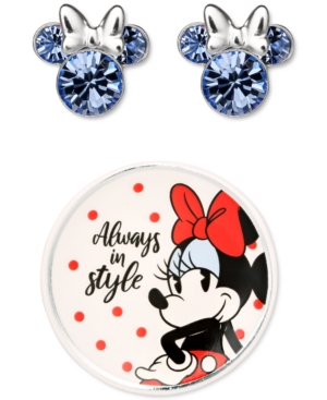 Disney Minnie Mouse Clear Crystal Stud Earrings In Sterling Silver With Bonus Trinket Dish In Blue