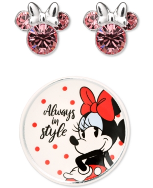Disney Minnie Mouse Clear Crystal Stud Earrings In Sterling Silver With Bonus Trinket Dish In Pink