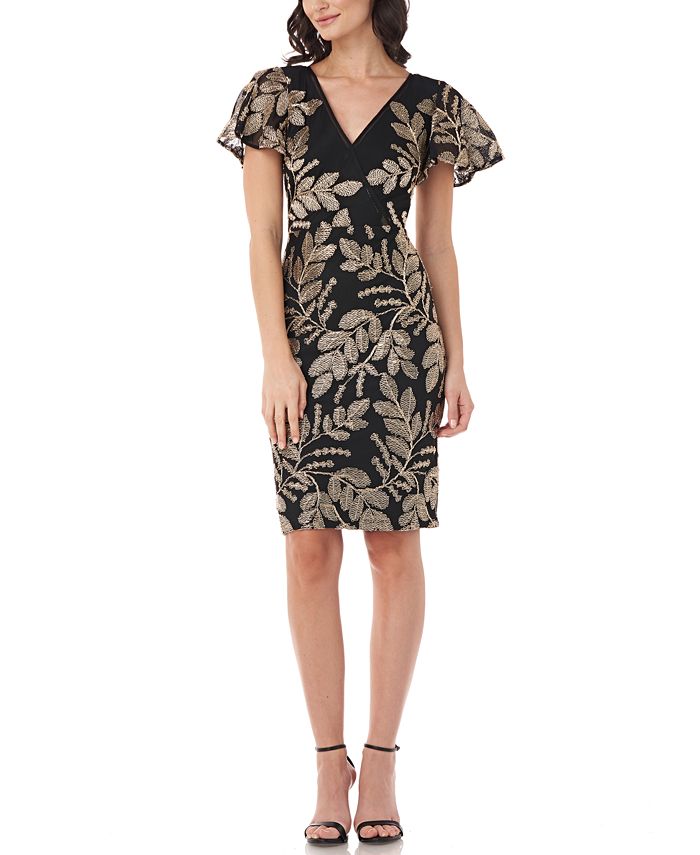 JS Collections Embroidered Flutter-Sleeve Sheath Dress - Macy's