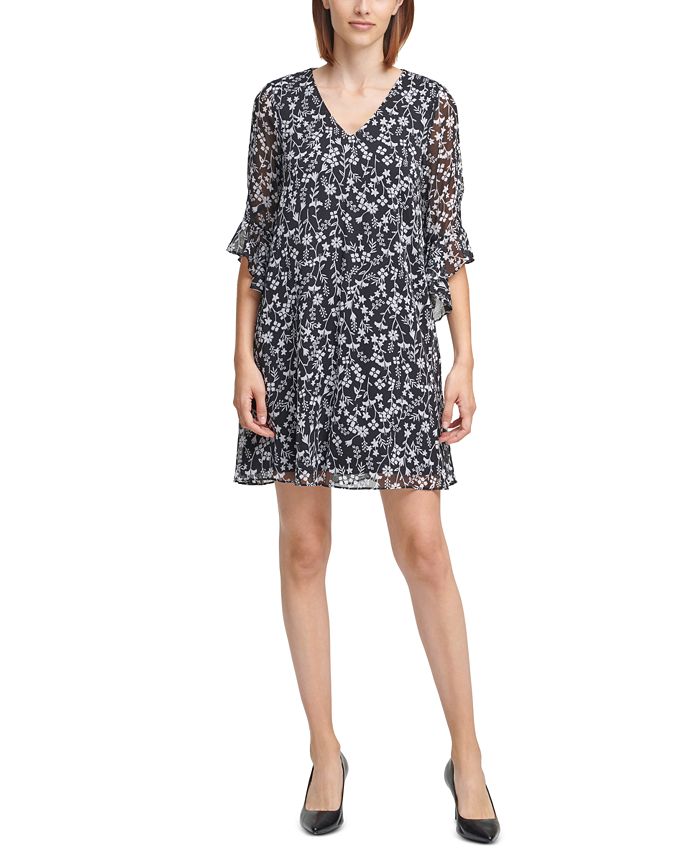 Calvin Klein Printed Chiffon-Sleeve Dress - Macy's