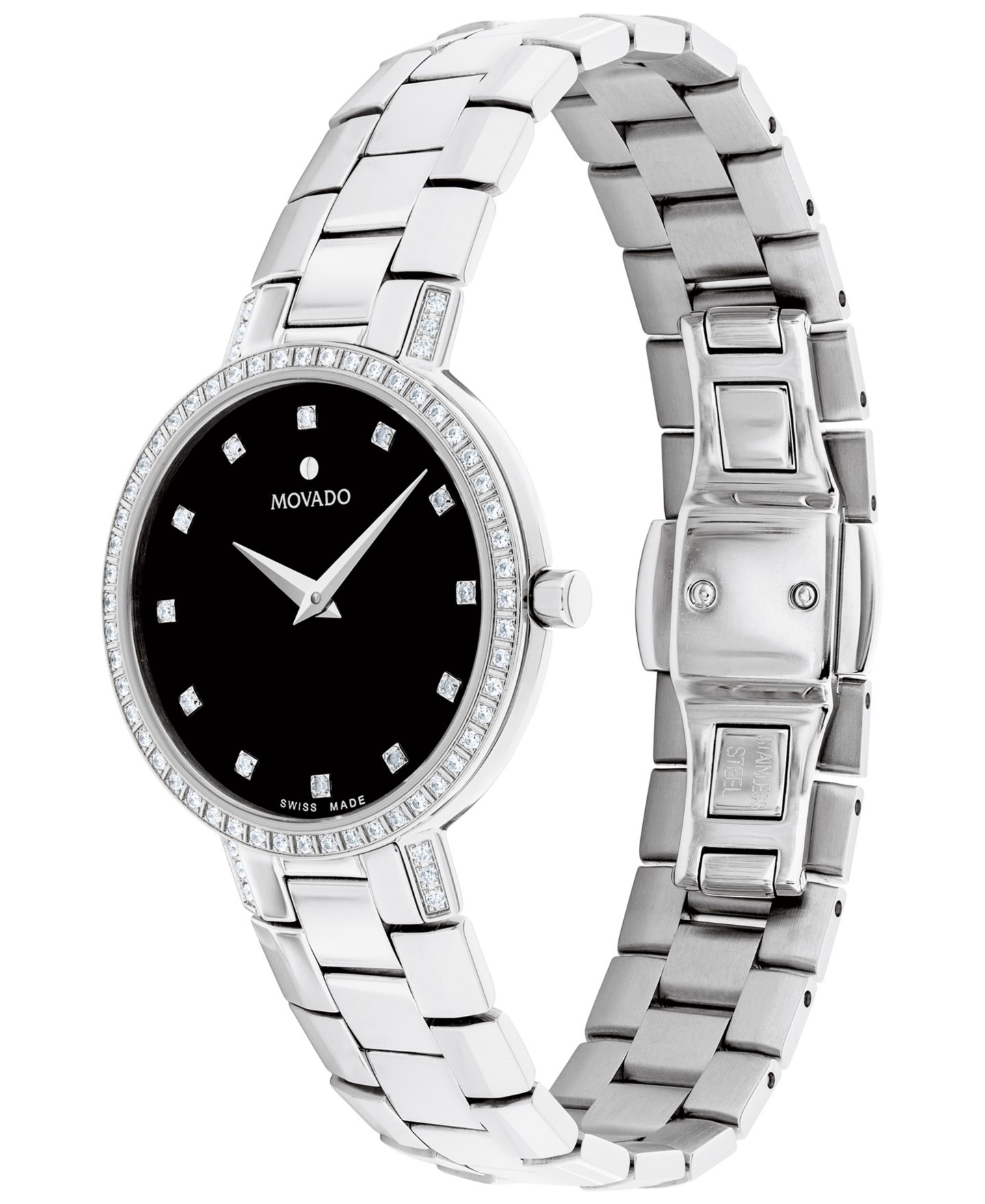 Женские часы Movado Swiss Faceto Diamond (1/4 ct. t.w.) Stainless Steel Bracelet Watch 28mm — фото 2