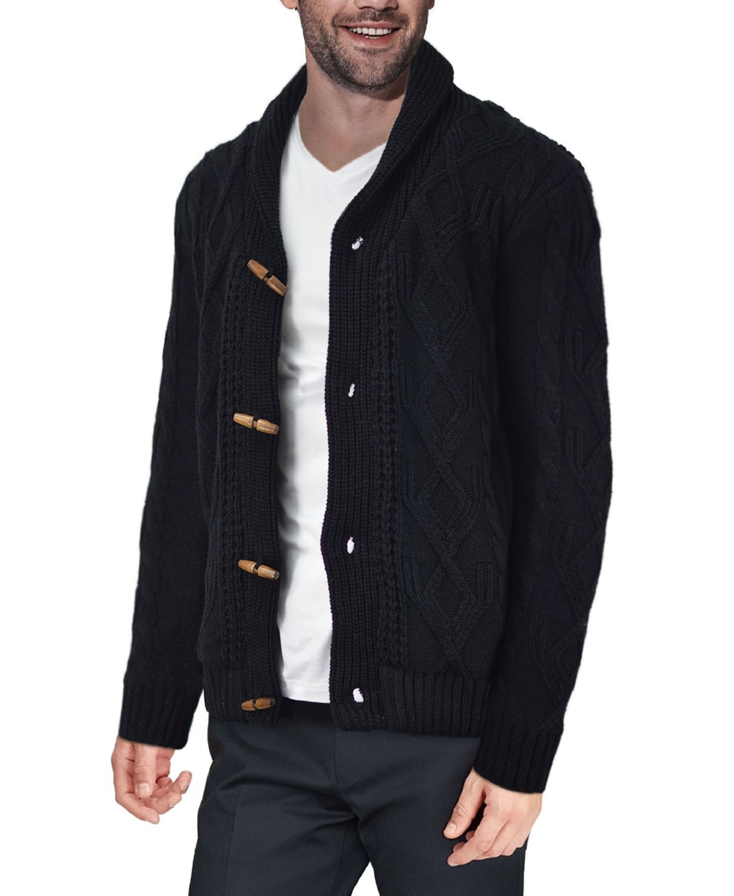 Мужской кардиган XRAY Big & Tall Faux Shearling Lined Shawl Collar Cable Knit Cardigan, цвет: Чёрный — фото 8