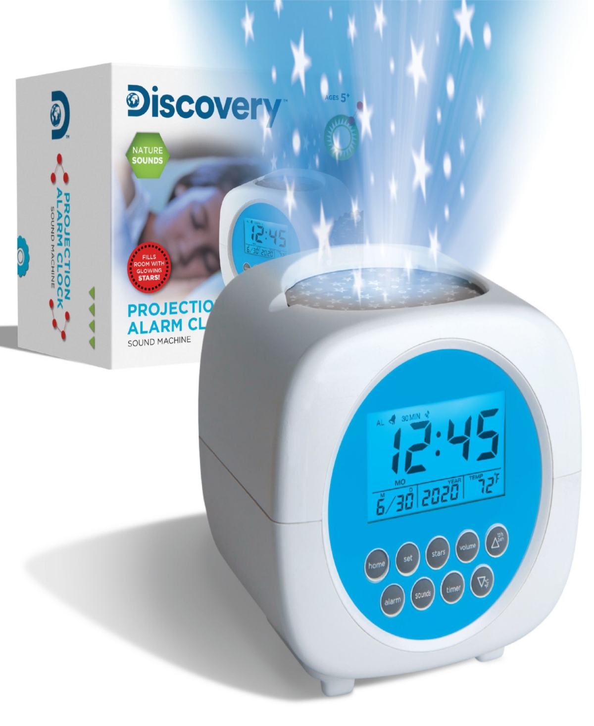 Discovery Moon & Stars Projection Alarm Clock & Sound Machine In White