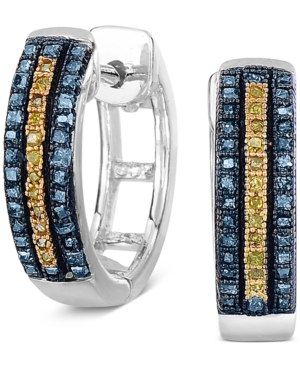image of Blue & Yellow Diamond Hoop Earrings (1/3 ct. t.w.) in Sterling Silver.