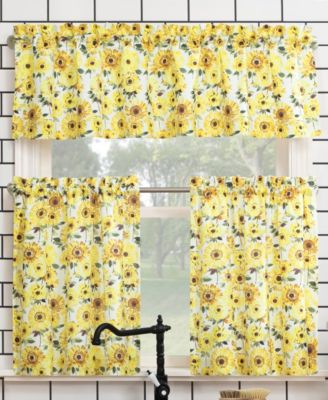 Sunny Sunflower Print Semi-Sheer Rod Pocket Kitchen Curtain Valance and Tiers Set, 54" x 24"