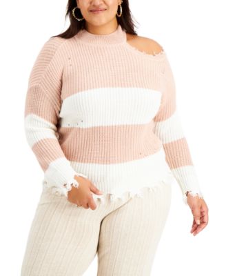 FULL CIRCLE TRENDS - Trendy Plus Size Asymmetrical Mock-Neck Distressed Sweater