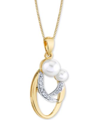Cultured Freshwater Pearl (4 & 6mm) & Diamond (1/20 ct. t.w.) Mother and Child 18" Pendant Necklace in 14k Gold