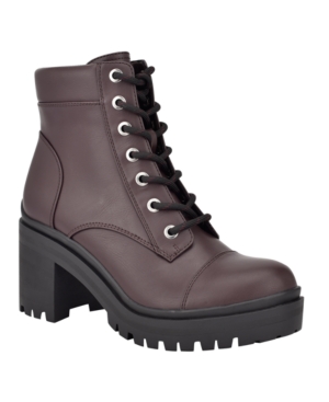 image of Nine West Women-s Quenton Lace-Up Lug Sole Heeled Combat Booties Women-s Shoes