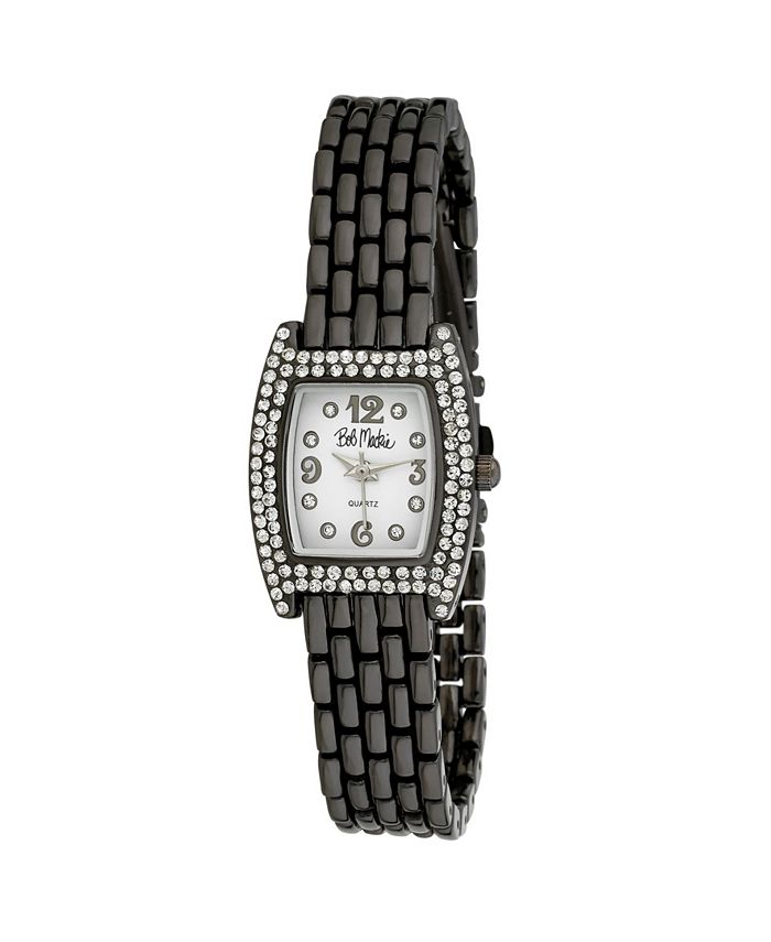 Women's Black Alloy Bracelet Panther Link Square Stone Bezel Watch, 23mm