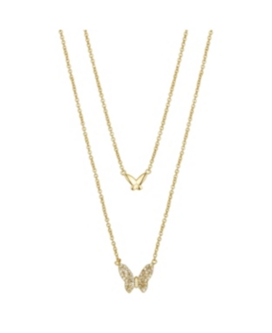 image of Gold Flash Plated Polished and Cubic Zirconia Butterfly Layer Necklace, 16