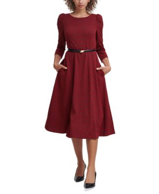 Calvin Klein Belted Houndstooth A-Line Dress - Macy's