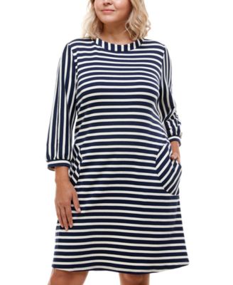 Monteau - Trendy Plus Size Striped Boat-Neck Shift Dress