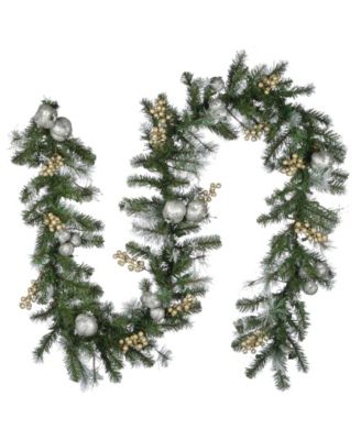 National Tree Company 9' Glittery Pomegranate Pine Garland with Silver Pomegranates,Champagne Berries Frosted Tips and 100 Clear Lights