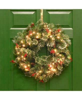 24" Wintry Pine Wreath with Cones, Red Berries, Snowflakes with 50 Battery-Operated Soft White LED Lights