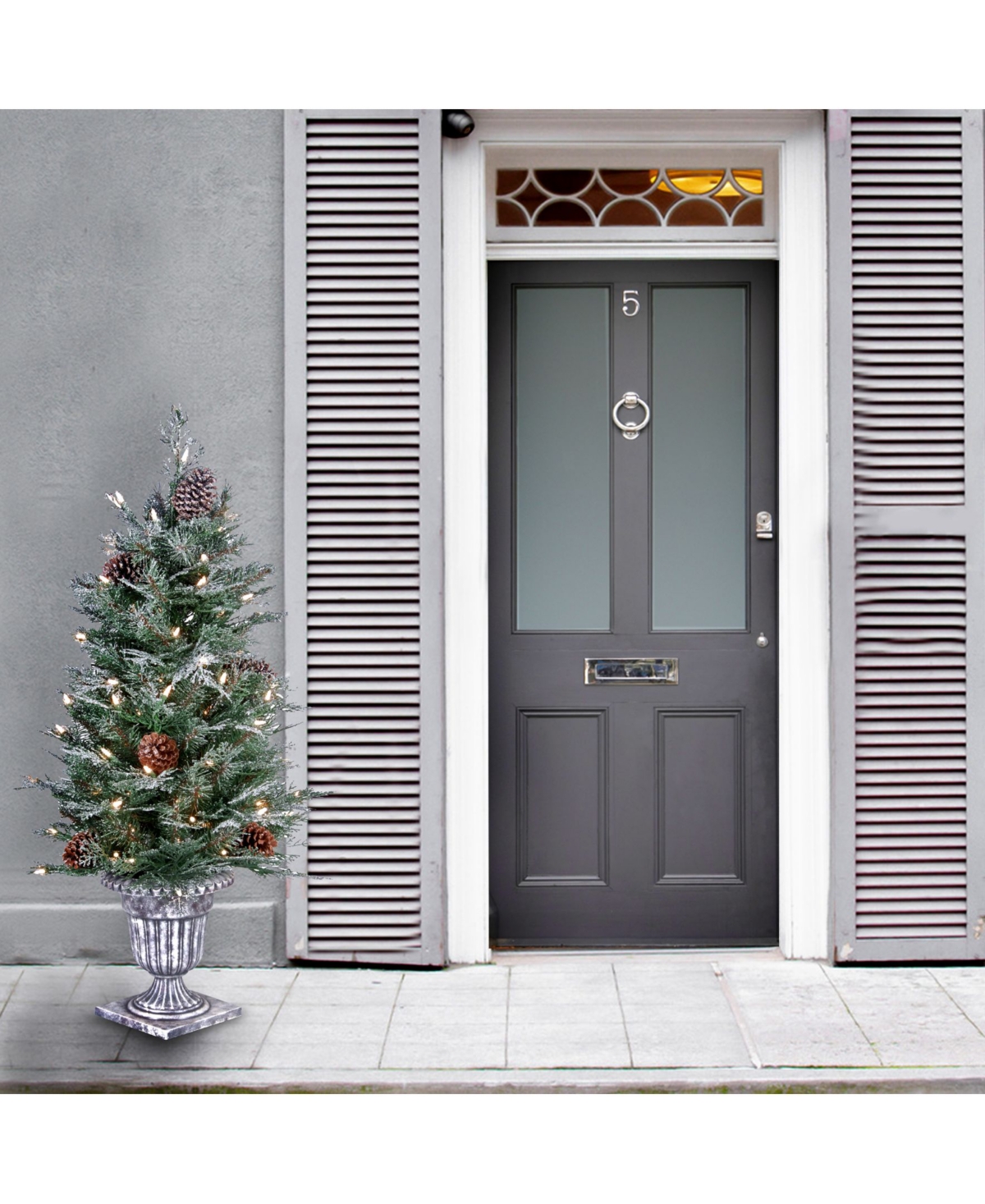 National Tree Company Feel Real Frosted Mountain Spruce Entrance Tree in Silver Urn w Clear Lights
