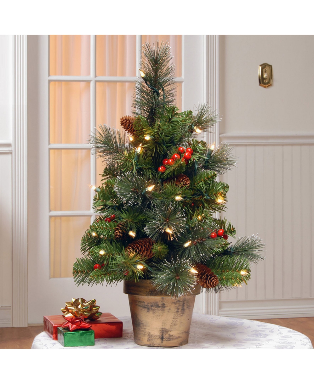 National Tree Company Crestwood Spruce Tree w Silver Bristle, Cones, Berries and Glitter in a Plastic Bronze Pot w Clear Lights
