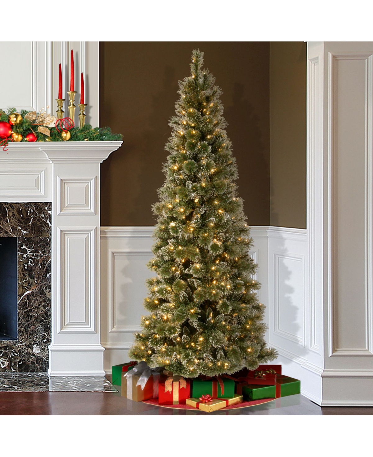 National Tree Glittery Bristle Pine Slim Tree with 400 Warm White Led Lights w/ Diamond Caps