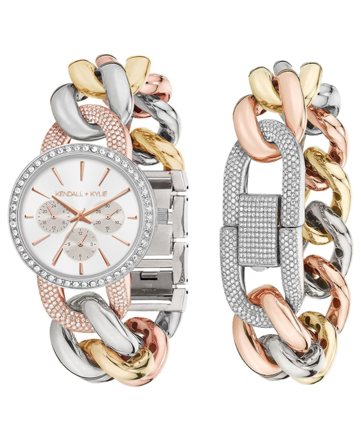 Women's Kendall + Kylie Large Open-Link Crystal Embellished Tri Tone Stainless Steel Strap Analog Watch and Bracelet Set 40mm - Open Misce