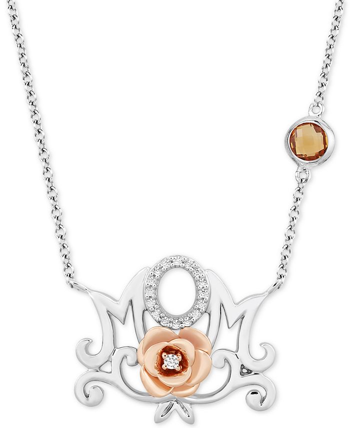 Enchanted Disney Fine Jewelry - Citrine (1/4 ct. t.w.) & Diamond (1/20 ct. t.w.) Belle Mom Rose Pendant Necklace in Sterling Silver & 10k Rose Gold , 17" + 2" extender