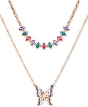 image of Guess Gold-Tone Multicolor Crystal & Butterfly Pendant Two-Row Necklace, 22