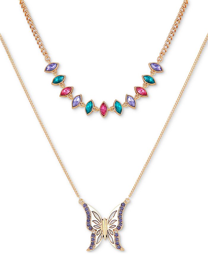 GUESS GoldTone Multicolor Crystal & Butterfly Pendant TwoRow Necklace