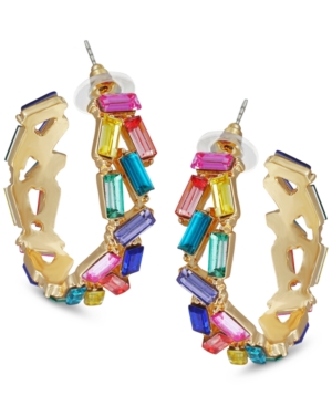 image of Guess Gold-Tone Medium Baguette-Crystal Hoop Earrings, 1.5