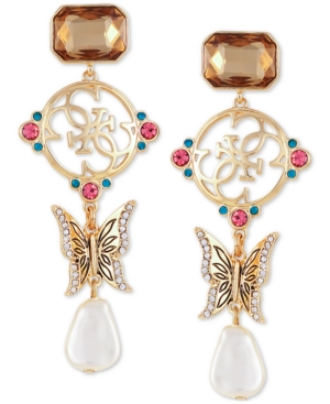 image of Guess Gold-Tone Stone, Pearl & Butterfly Drop Earrings